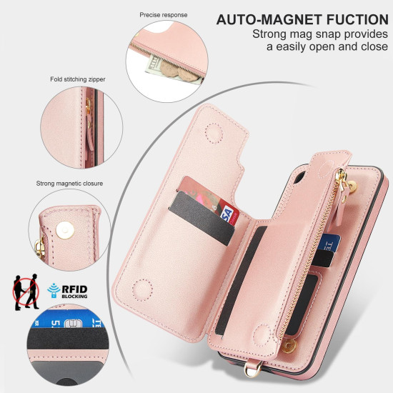 For Samsung Galaxy S24+ 5G Double Flap Zipper RFID Leather Phone Case with Short Lanyard(Rose Gold)