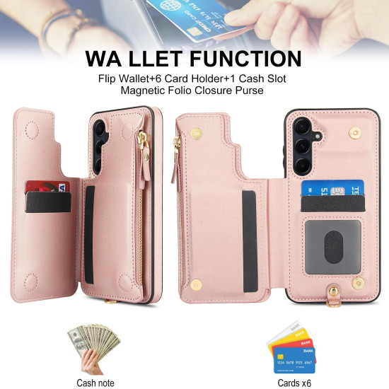 For Samsung Galaxy S24+ 5G Double Flap Zipper RFID Leather Phone Case with Short Lanyard(Rose Gold)