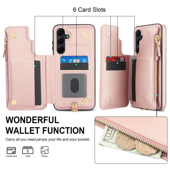 For Samsung Galaxy S24+ 5G Double Flap Zipper RFID Leather Phone Case with Short Lanyard(Rose Gold)