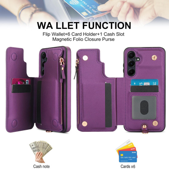 For Samsung Galaxy S24+ 5G Double Flap Zipper RFID Leather Phone Case with Short Lanyard(Dark Purple)
