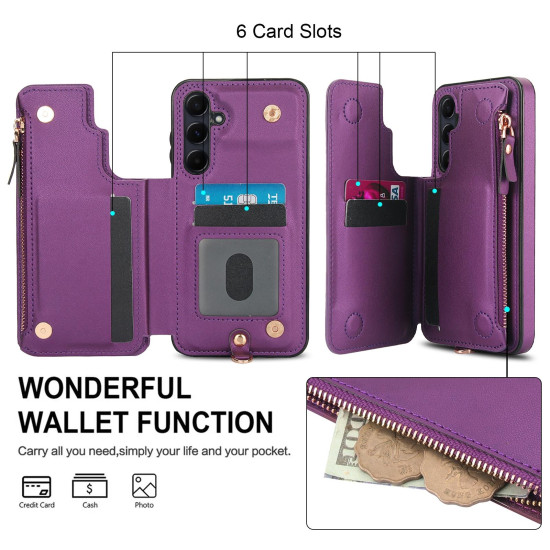 For Samsung Galaxy S24+ 5G Double Flap Zipper RFID Leather Phone Case with Short Lanyard(Dark Purple)