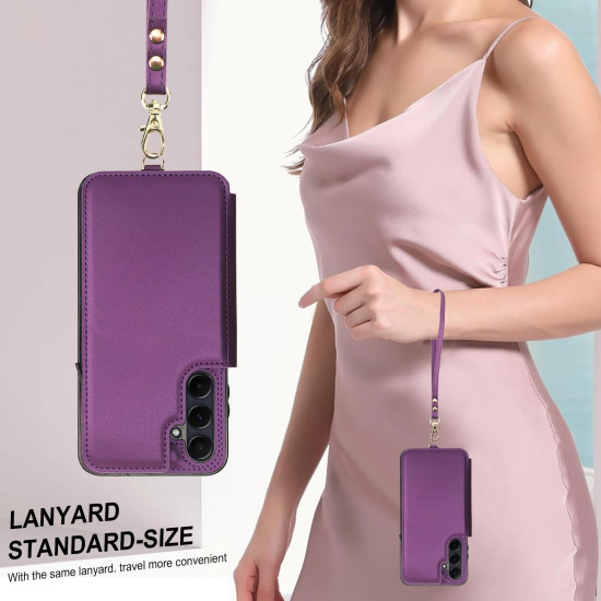 For Samsung Galaxy S24+ 5G Double Flap Zipper RFID Leather Phone Case with Short Lanyard(Dark Purple)