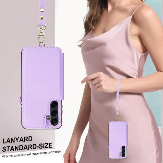 For Samsung Galaxy S24+ 5G Double Flap Zipper RFID Leather Phone Case with Short Lanyard(Light Purple)