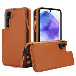 For Samsung Galaxy S24+ 5G Double Flap Zipper RFID Leather Phone Case with Short Lanyard(Brown)