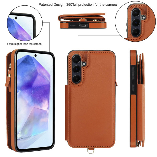 For Samsung Galaxy S24+ 5G Double Flap Zipper RFID Leather Phone Case with Short Lanyard(Brown)