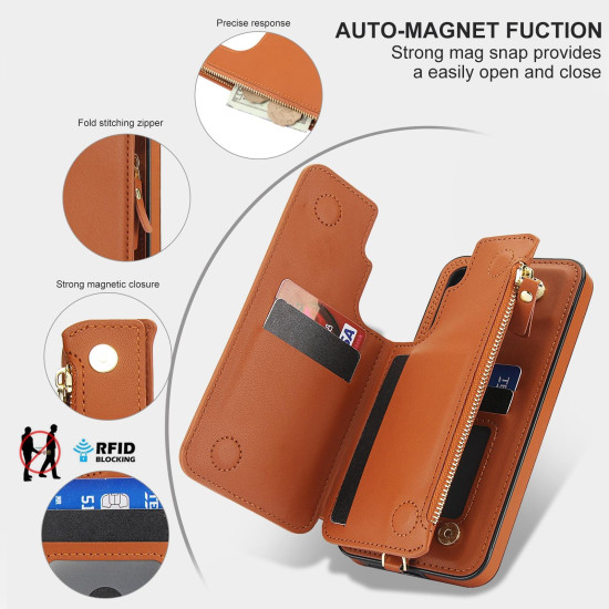 For Samsung Galaxy S24+ 5G Double Flap Zipper RFID Leather Phone Case with Short Lanyard(Brown)