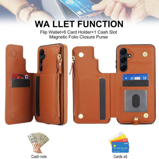 For Samsung Galaxy S24+ 5G Double Flap Zipper RFID Leather Phone Case with Short Lanyard(Brown)