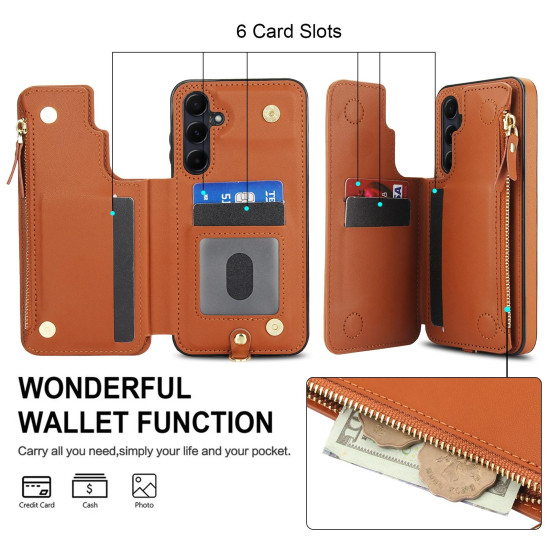 For Samsung Galaxy S24+ 5G Double Flap Zipper RFID Leather Phone Case with Short Lanyard(Brown)