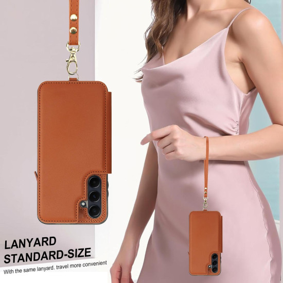 For Samsung Galaxy S24+ 5G Double Flap Zipper RFID Leather Phone Case with Short Lanyard(Brown)