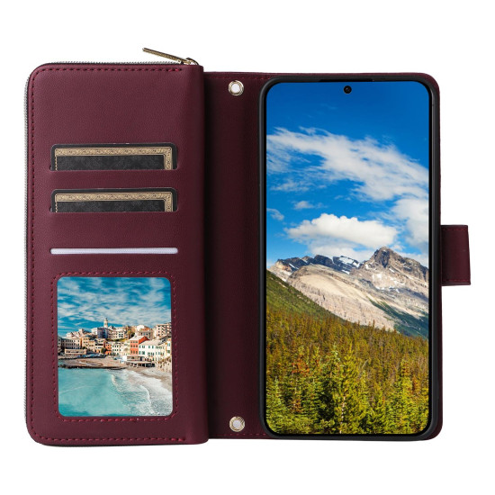 For Samsung Galaxy S24+ 5G Nine-card Slots Zipper Wallet Bag Leather Phone Case(Wine Red)