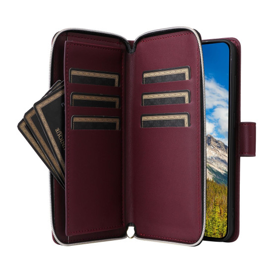 For Samsung Galaxy S24+ 5G Nine-card Slots Zipper Wallet Bag Leather Phone Case(Wine Red)