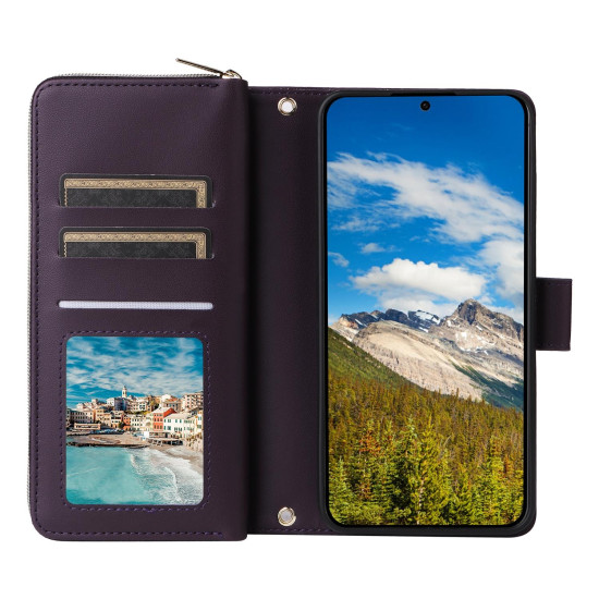 For Samsung Galaxy S24+ 5G Nine-card Slots Zipper Wallet Bag Leather Phone Case(Dark Purple)