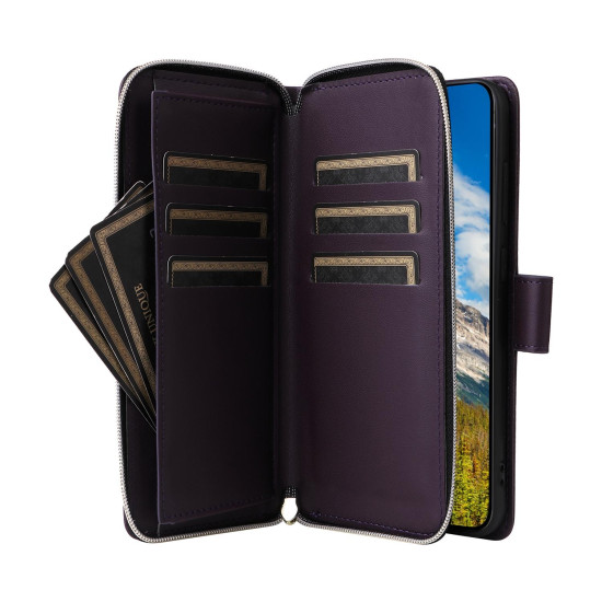 For Samsung Galaxy S24+ 5G Nine-card Slots Zipper Wallet Bag Leather Phone Case(Dark Purple)