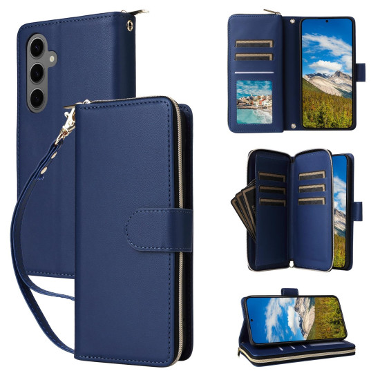 For Samsung Galaxy S24+ 5G Nine-card Slots Zipper Wallet Bag Leather Phone Case(Blue)