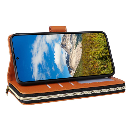 For Samsung Galaxy S24+ 5G Nine-card Slots Zipper Wallet Bag Leather Phone Case(Brown)