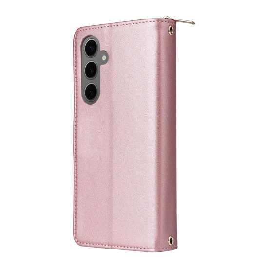 For Samsung Galaxy S24+ 5G Nine-card Slots Zipper Wallet Bag Leather Phone Case(Rose Gold)