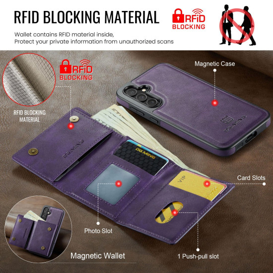 For Samsung Galaxy S24+ 5G DG.MING M6 Series RFID Tri-fold Card Bag Removable Leather Phone Case(Purple)