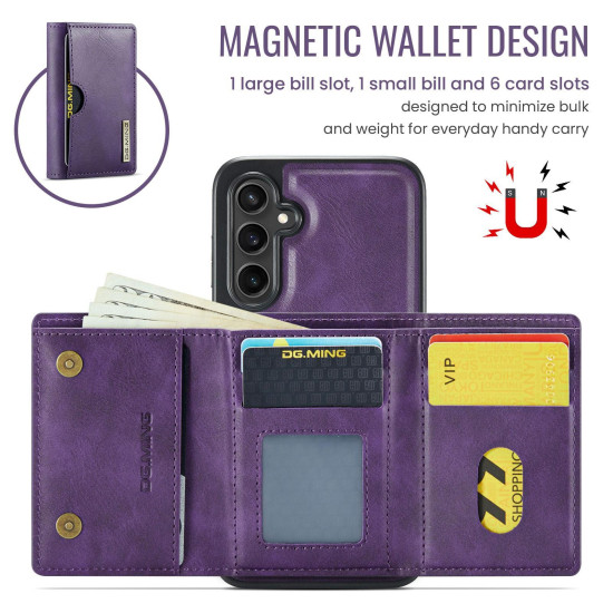 For Samsung Galaxy S24+ 5G DG.MING M6 Series RFID Tri-fold Card Bag Removable Leather Phone Case(Purple)