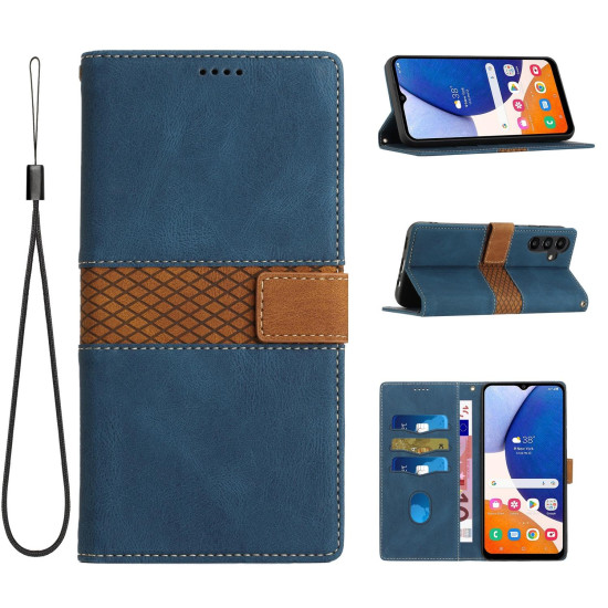 For Samsung Galaxy S24+ 5G Grid Stitching Leather Phone Case with Lanyard(Blue)