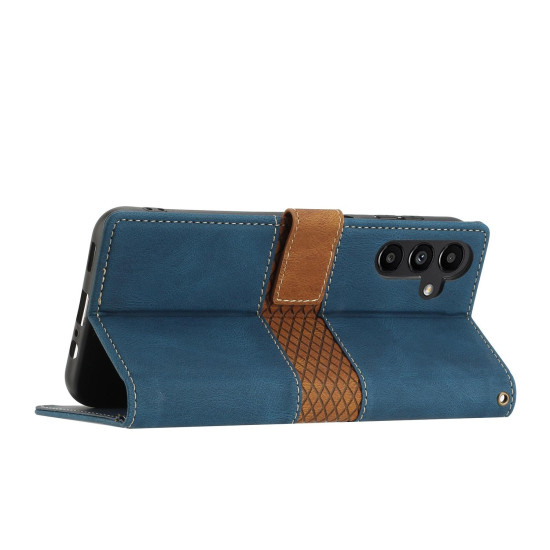 For Samsung Galaxy S24+ 5G Grid Stitching Leather Phone Case with Lanyard(Blue)