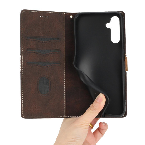 For Samsung Galaxy S24+ 5G Grid Stitching Leather Phone Case with Lanyard(Brown)