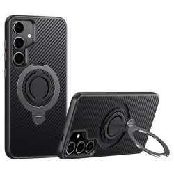 For Samsung Galaxy S24+ 5G Carbon Fiber MagSafe Phone Case with 360 Degree Rotating Holder(Black Grey)