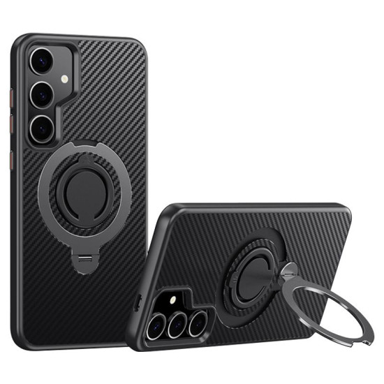 For Samsung Galaxy S24+ 5G Carbon Fiber MagSafe Phone Case with 360 Degree Rotating Holder(Black Grey)