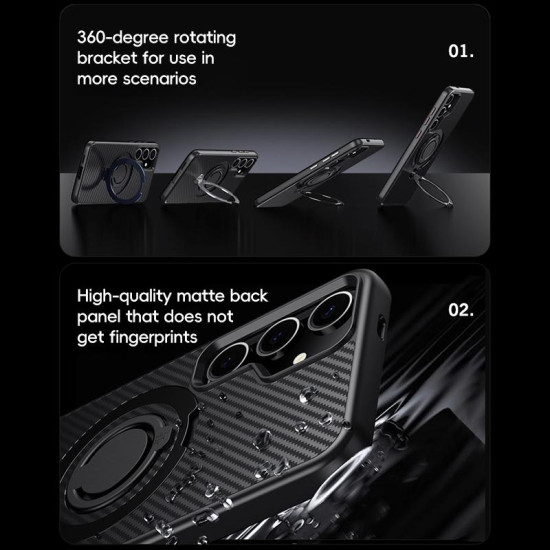 For Samsung Galaxy S24+ 5G Carbon Fiber MagSafe Phone Case with 360 Degree Rotating Holder(Black Grey)
