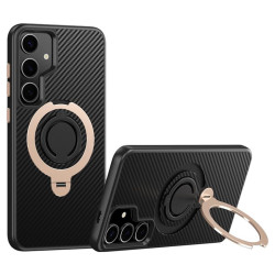 For Samsung Galaxy S24+ 5G Carbon Fiber MagSafe Phone Case with 360 Degree Rotating Holder(Black Gold)