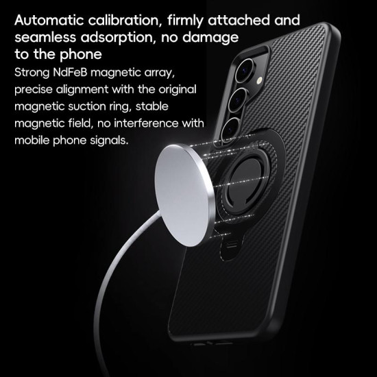 For Samsung Galaxy S24+ 5G Carbon Fiber MagSafe Phone Case with 360 Degree Rotating Holder(Black Gold)