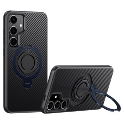 For Samsung Galaxy S24+ 5G Carbon Fiber MagSafe Phone Case with 360 Degree Rotating Holder(Black Blue)
