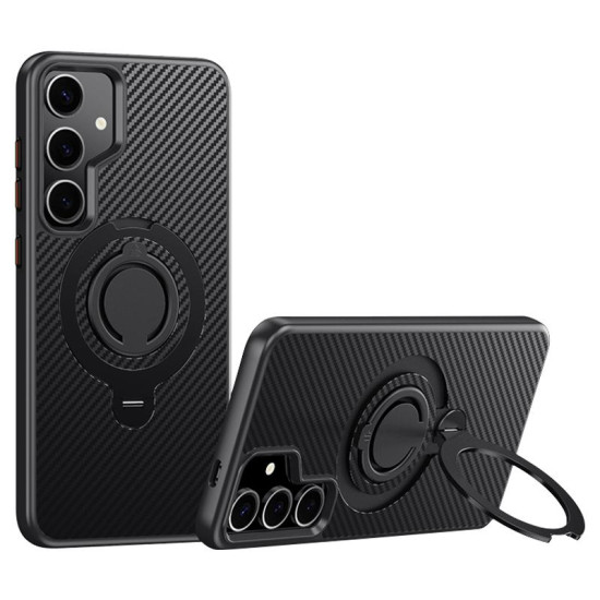 For Samsung Galaxy S24+ 5G Carbon Fiber MagSafe Phone Case with 360 Degree Rotating Holder(Black)