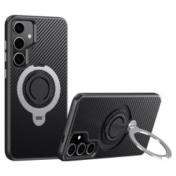 For Samsung Galaxy S24+ 5G Carbon Fiber MagSafe Phone Case with 360 Degree Rotating Holder(Black Silver)