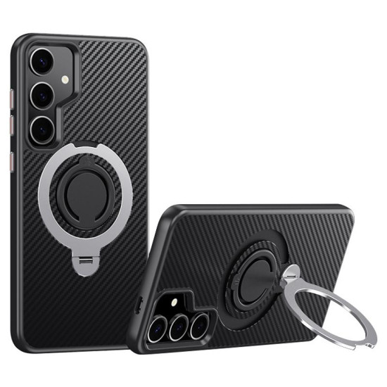 For Samsung Galaxy S24+ 5G Carbon Fiber MagSafe Phone Case with 360 Degree Rotating Holder(Black Silver)