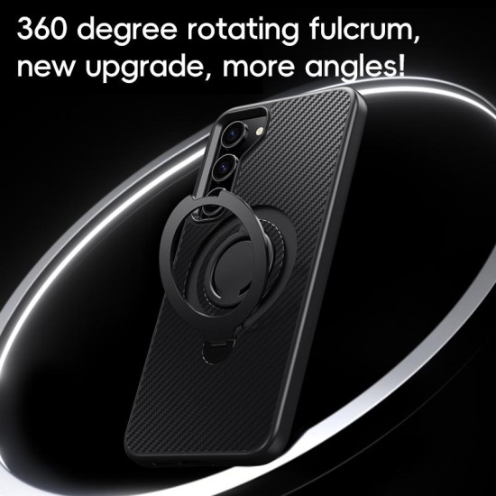 For Samsung Galaxy S23 5G Carbon Fiber MagSafe Phone Case with 360 Degree Rotating Holder(Black Grey)