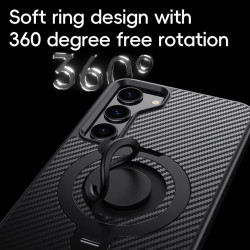 For Samsung Galaxy S23 5G Carbon Fiber MagSafe Phone Case with 360 Degree Rotating Holder(Black Blue)