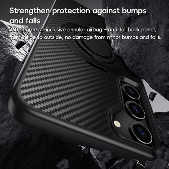 For Samsung Galaxy S23 5G Carbon Fiber MagSafe Phone Case with 360 Degree Rotating Holder(Black)