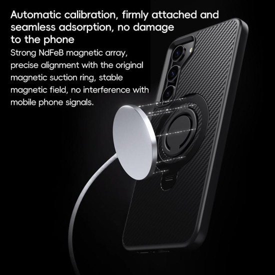 For Samsung Galaxy S23 5G Carbon Fiber MagSafe Phone Case with 360 Degree Rotating Holder(Black)