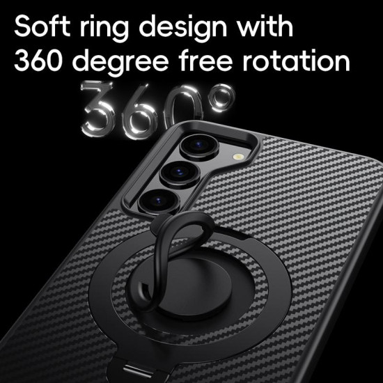 For Samsung Galaxy S23 5G Carbon Fiber MagSafe Phone Case with 360 Degree Rotating Holder(Black Silver)
