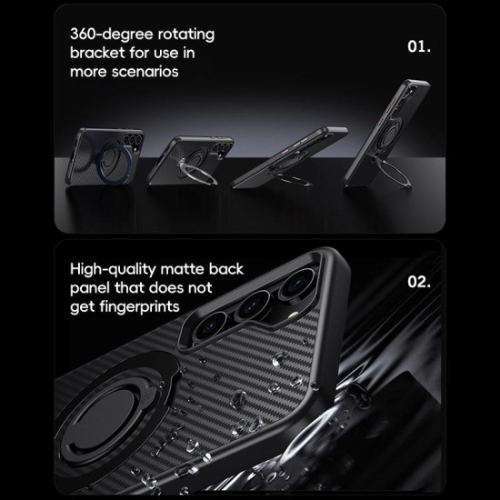 For Samsung Galaxy S23 5G Carbon Fiber MagSafe Phone Case with 360 Degree Rotating Holder(Black Silver)