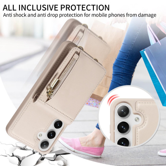 For Samsung Galaxy S24+ 5G Crossbody Lanyard Zipper Wallet Leather Phone Case(Beige)