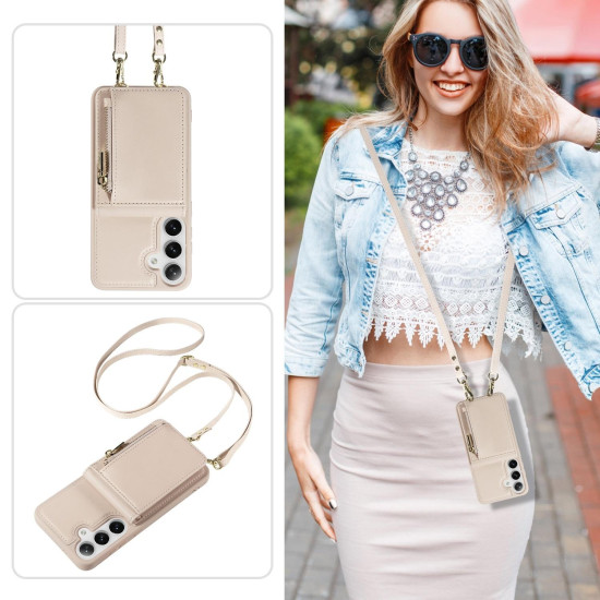 For Samsung Galaxy S24+ 5G Crossbody Lanyard Zipper Wallet Leather Phone Case(Beige)