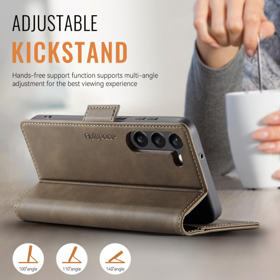 For Samsung Galaxy S23 5G AutSpace A11 Side Buckle MagSafe Magnetic RFID Phone Leather Case(Coffee)
