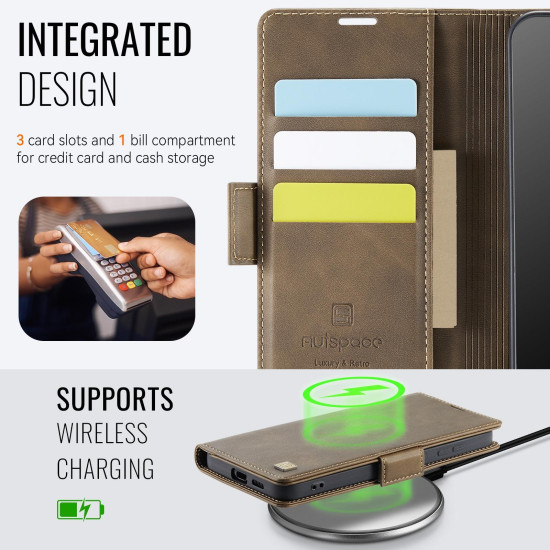 For Samsung Galaxy S23 5G AutSpace A11 Side Buckle MagSafe Magnetic RFID Phone Leather Case(Coffee)