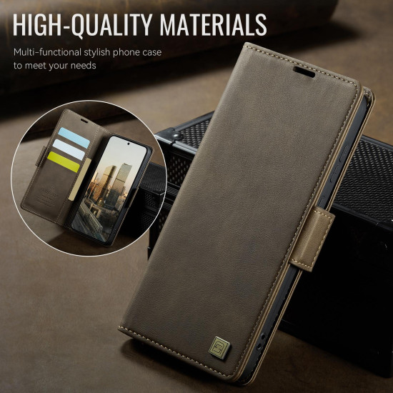 For Samsung Galaxy S23 5G AutSpace A11 Side Buckle MagSafe Magnetic RFID Phone Leather Case(Coffee)