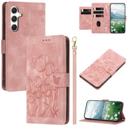 For Samsung Galaxy S24+ 5G Tulips Embossed Leather Phone Case with Lanyard(Pink)
