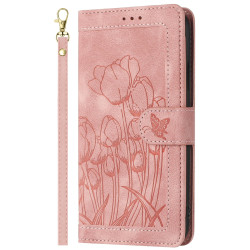 For Samsung Galaxy S24+ 5G Tulips Embossed Leather Phone Case with Lanyard(Pink)