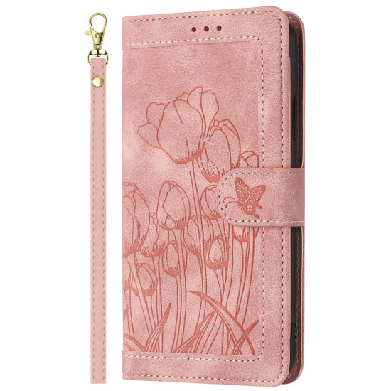 For Samsung Galaxy S24+ 5G Tulips Embossed Leather Phone Case with Lanyard(Pink)