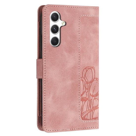 For Samsung Galaxy S24+ 5G Tulips Embossed Leather Phone Case with Lanyard(Pink)