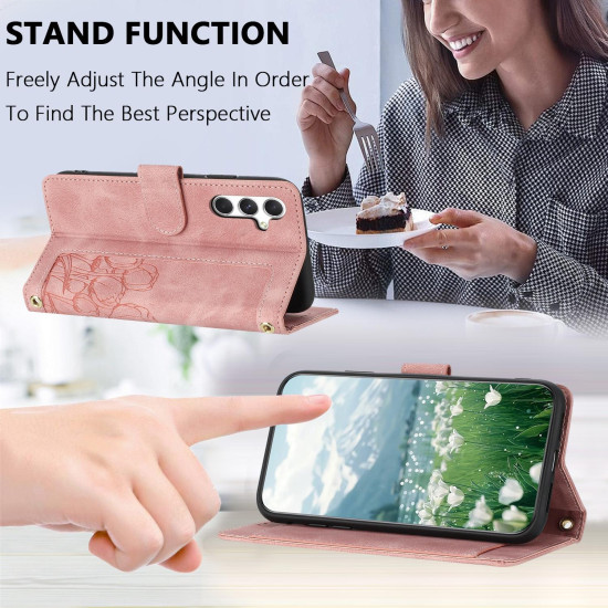 For Samsung Galaxy S24+ 5G Tulips Embossed Leather Phone Case with Lanyard(Pink)